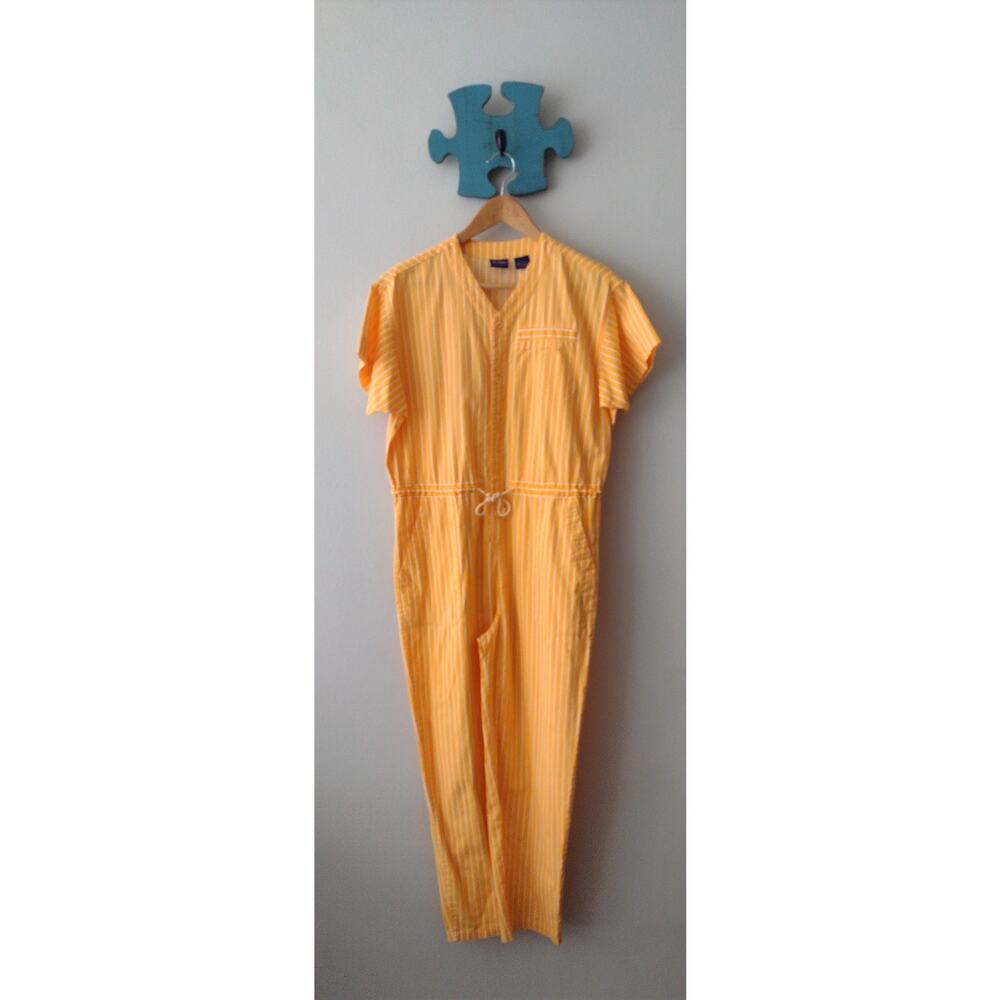Vintage 80s Striped Yellow Romper Jumper Playsuit Large Cotton Liz Kids